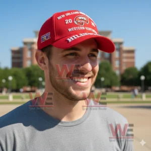A man smiling outdoors while wearing a red Western Kentucky Hilltoppers championship baseball cap!