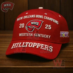 Red Western Kentucky Hilltoppers championship baseball cap resting on a wooden table indoors!