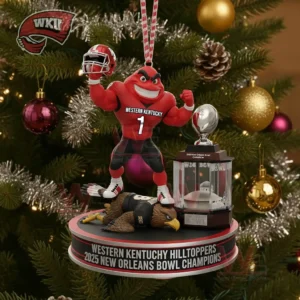 Western Kentucky football mascot ornament celebrating a championship moment displayed on a Christmas tree with warm lights and festive decorations!