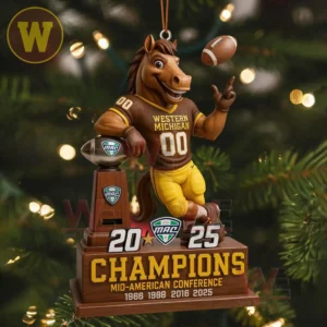 A Western Michigan Broncos mascot figure in a uniform stands beside a trophy on a champions display base hanging on a Christmas tree!