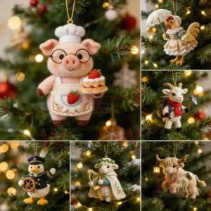 A royal themed felt mouse ornament wearing a crown and embroidered coat hanging on a Christmas tree.