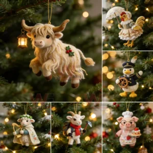 Whimsical Farm Friends Ornaments 10 A group of themed felt mouse ornaments dressed as royal figures soldiers musicians and wizards displayed on a Christmas tree.