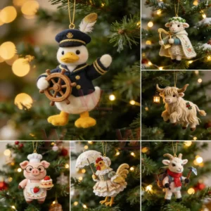 Whimsical Farm Friends Ornaments 11 A cheerful felt mouse ornament wearing a crown and royal clothing hanging by a string.