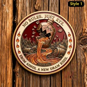 Commemorative coin with cracked jug pouring rye and engraved border text.