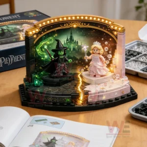 A fantasy building block scene with two characters a witch in dark green magic and a princess in light pink magic standing on opposite sides of a decorative arch with lights!