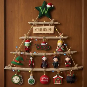 Handcrafted wooden wall Christmas tree decorated with wicked themed ornaments characters and festive lights!