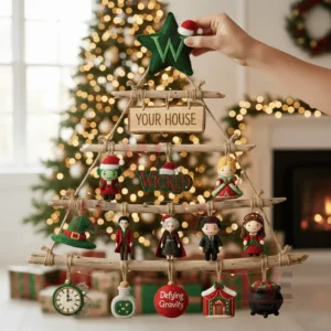Wicked Premium Rustic Wall Christmas Tree 3 Person holding a rustic wooden Christmas tree decorated with wicked themed ornaments and bright festive lights!