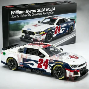 Building block racing car model number twenty four with display box shown on a clean surface!