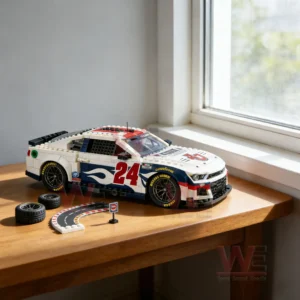 Completed building block racing car model with accessories displayed near a window!