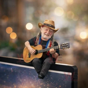 A small elderly musician figure with a cowboy hat and guitar sitting on a screen edge with soft glowing lights in the background!