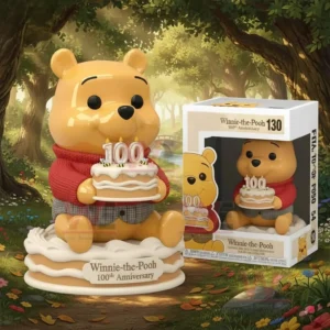 Winnie The Pooh 100Th Anniversary Figure Vinyl 3 Winnie the Pooh anniversary figure with cake and box set in a lush forest background with soft sunlight!