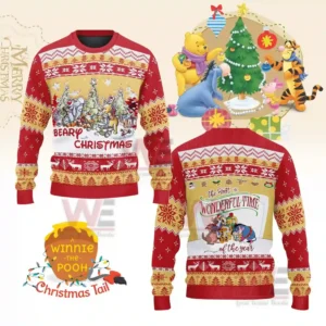 A front view of a Christmas sweater with Winnie the Pooh characters surrounded by ornaments snowflakes and holiday decorations!