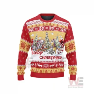 Winnie the Pooh Bear Christmas The Most Wonderful Time of the Year Ugly Sweater 4 A clear front view of a Christmas sweater featuring Winnie the Pooh characters in a holiday scene with red and yellow patterns!