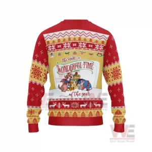 Winnie the Pooh Bear Christmas The Most Wonderful Time of the Year Ugly Sweater 5 A back view of a Christmas sweater featuring Winnie the Pooh characters within a cheerful holiday design framed by red and yellow knitted patterns!