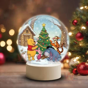 Winnie the Pooh Christmas Snowball Decoration Led Light 7 A snow globe showing Pooh Piglet Tigger and Eeyore decorating a colorful Christmas tree in a snowy woodland!