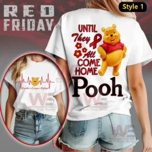 A white shirt displaying an animated bear with supportive text flowers and a ribbon symbol!