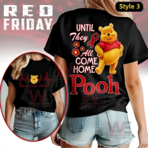 Winnie-the-Pooh Red Friday Until They all Come Home Shirt 6 A black shirt showing an animated bear with supportive text flowers and a ribbon symbol!