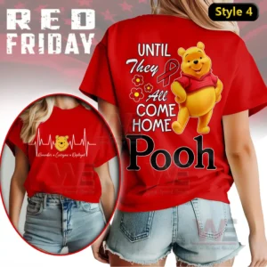 Winnie-the-Pooh Red Friday Until They all Come Home Shirt 7 A red shirt showing an animated bear with supportive text flowers and a ribbon symbol!