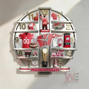 Wisconsin Badgers themed wall clock with mascot football items and team branding!