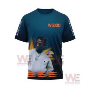 Front view of a dark blue Wizkid shirt with bold portrait graphic and clean branding!