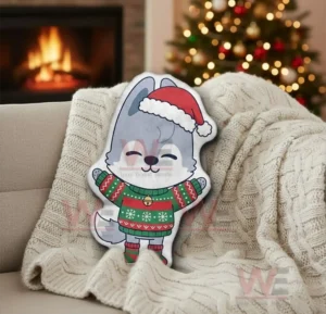 Wolf christmas pillow on a sofa in a cozy holiday living room scene!