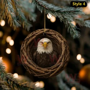 Eagle ornament placed inside a round woven wooden nest on a Christmas tree!