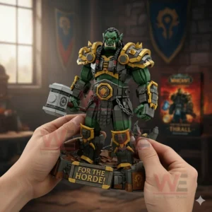 Hands holding a detailed green armored warrior figure with a hammer on a display base in a fantasy setting!