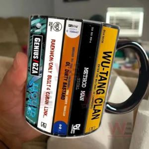 Hip hop themed mug with retro cassette album spine artwork displayed while being held by hand!