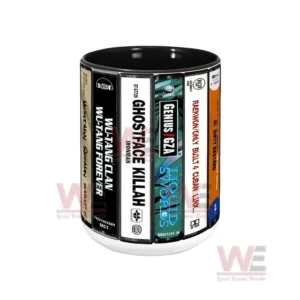 Wu Tang Clan Albums Cassette Collection Retro Accent Mug 8 Alternate angle of a hip hop cassette inspired mug showing extended album spine details!