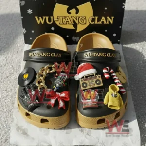 Wu Tang Clan themed clogs with assorted charms displayed inside a branded gift box!