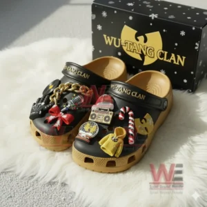 Wu Tang Clan Christmas Crocs Clogs with Charms 5 Black and gold Wu Tang Clan themed clogs decorated with assorted charms inside a festive box!