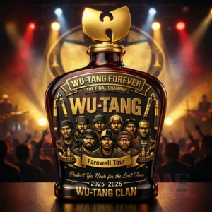 Dark amber whiskey bottle with a gold Wu Tang style cap and farewell tour label featuring illustrated group portraits displayed in front of a concert stage with colorful lights!