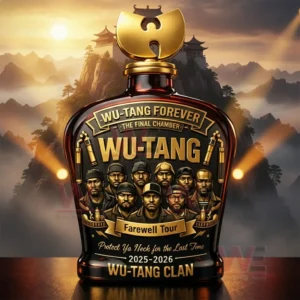 Dark amber whiskey bottle with a gold Wu Tang style cap and farewell tour label featuring illustrated group portraits set against a misty mountain temple sunrise landscape!