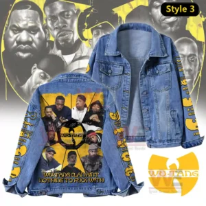 Wu Tang Clan inspired denim jacket with collage style portraits and bold yellow design elements!