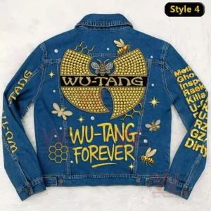 Wu Tang Forever denim jacket with gold emblem bee details and artistic back design!