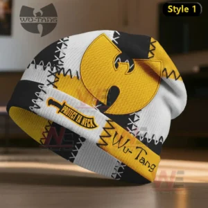 Patchwork Wu Tang beanie in yellow black and white with large emblem and Protect Ya Neck label.