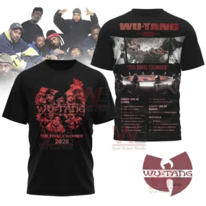 Black Wu Tang tour shirt with red illustrated faces on the front and global tour dates with a chamber scene on the back.