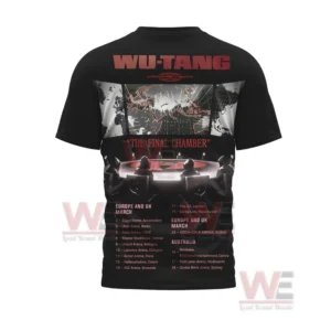 Back of Wu Tang tour shirt with chamber graphic and long list of international tour dates.