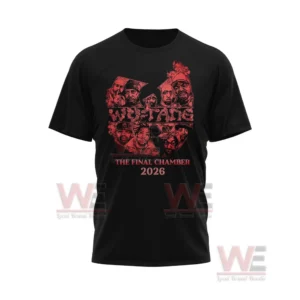 Front of black Wu Tang shirt with red illustrated clan symbol and tour title.
