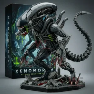 Brick alien creature model posed on a display base beside a collector box!
