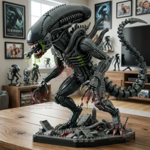 Brick alien creature model displayed on a table inside a collector room setting!