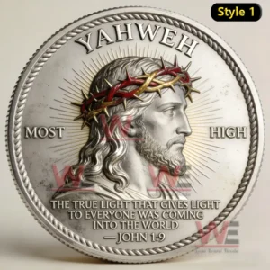 A religious silver style coin featuring a sacred figure with a crown of thorns and engraved faith inspired message!