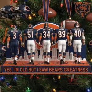 Ornament of five legendary Bears players walking toward a Bears logo with text celebrating Bears greatness hanging on a Christmas tree!