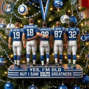 Ornament showing five football legends in blue uniforms standing before a decorated Christmas tree with a message honoring Colts greatness.