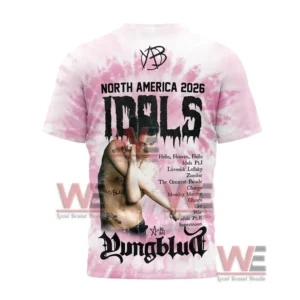 Back of pink tie dye tour shirt with idols title artist portrait and song list!