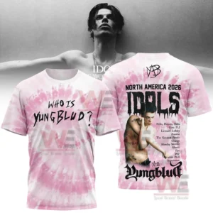 Pink tie dye tour shirt shown front and back with artist background portrait!