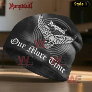 A black beanie with a winged skull graphic concentric circles and bold stylized text on the front!