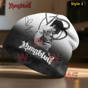 YUNGBLUD One More Time Beanie Hat Cap 8 A black beanie with an angel wing figure pierced by arrows and stylized band lettering on the front!