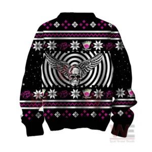 A back view of a black sweater with a winged skull graphic and patterned decorative rows.