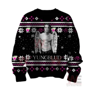 A front view of a black sweater with a winged portrait graphic and patterned accents.